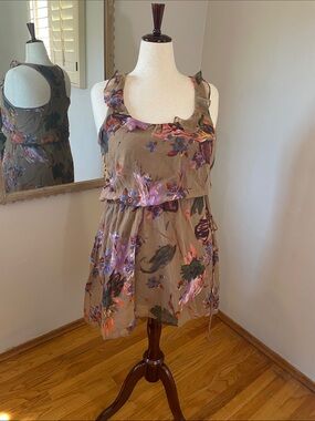 Sleeveless Floral Ruffle Mini Dress in Taupe